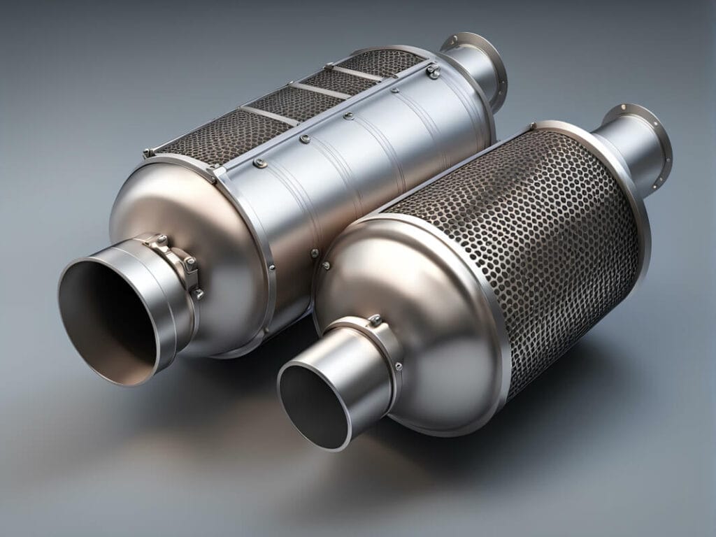 Dwa metalowe filtry dpf, które wymagają czyszczenia filtra dpf.