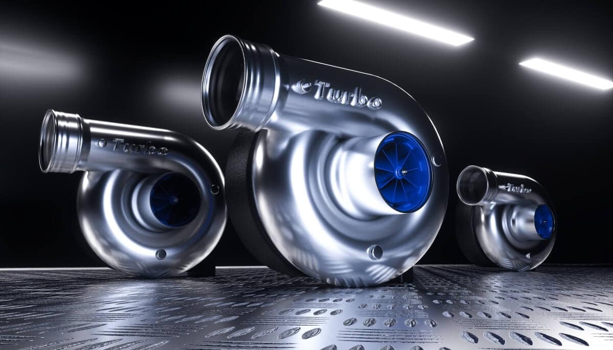 Trzy turbosprężarki na metalowej powierzchni, które wymagają regeneracji turbosprężarki.